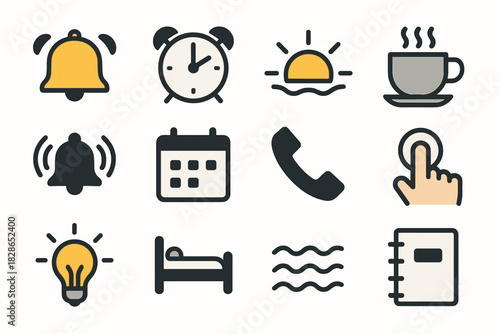 Routine icons vector light tap morning icon line bed notebook clock sound