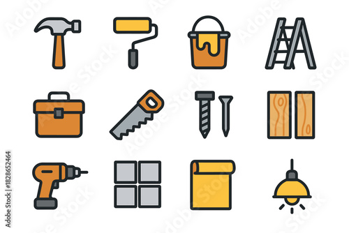 Lamp saw vector brush icon hammer house paint roller bucket ladder renovation