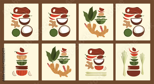 Spice collection arrangement with colorful backgrounds