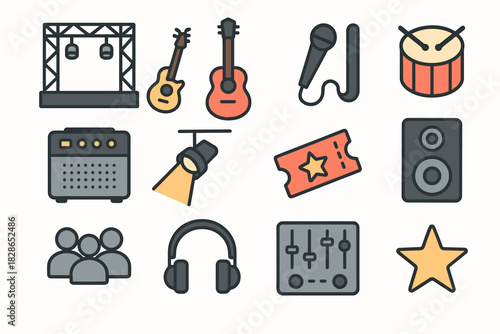 Crowd icon headphones live amplifier microphone speaker vector concert icons drum spotlight