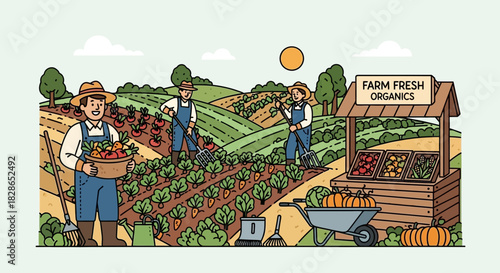 Illustration of farmers harvesting and selling fresh organic vegetables from farm
