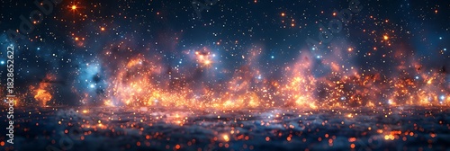 Panoramic View of Fiery Nebula and Starry Night Sky with Cosmic Dust and Glowing Particles