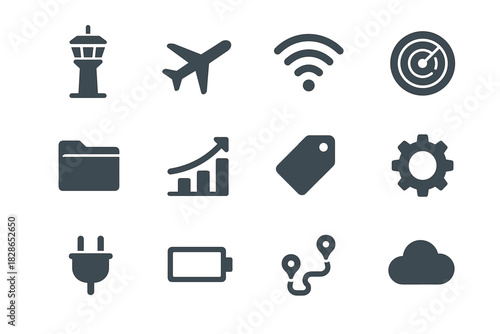 Battery airport tag icons tower icon plug signal chart airplane vector wifi