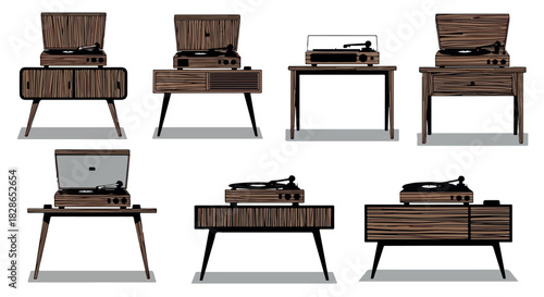 Vintage record players on wooden furniture set
