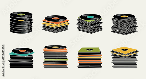 Stacked vinyl records collection in various colors