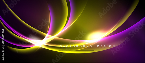 Abstract flowing lines, vibrant colors, dynamic energy. Background features purple, yellow, white gradients. Modern design element.