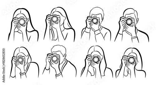 People taking photos with cameras in outline style