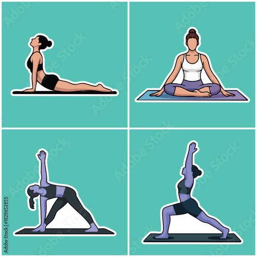 Yoga Poses and Stretching Exercises Illustration Set: Collection of Four Detailed Female Figures on Mats, Essential for Wellness, Fitness Studio Branding, and Healthy Lifestyle Graphics