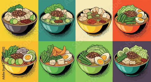 Noodle bowls with various toppings in a grid