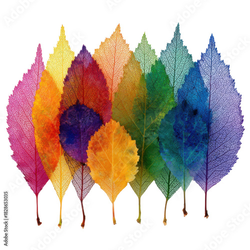 Six colorful autumn leaves representing seasonal changes on a transparent background, isolated for design elements and artistic creations