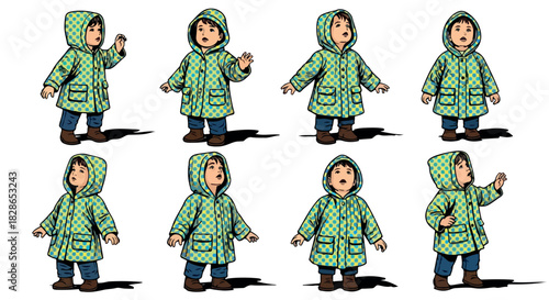 Child in raincoat posing with various gestures