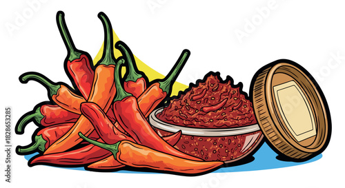 Red chili peppers and spicy sauce with transparent background