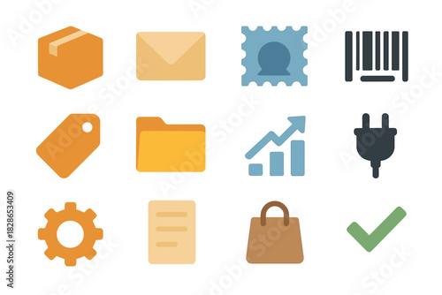 Folder postal icon bag barcode package checkmark icons vector document plug gear