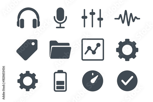 Chart plug vector studio icon folder knob gear battery wave headphones tag