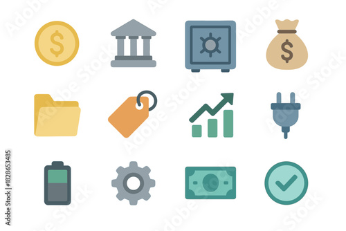 Coin icon note bank folder checkmark vector icons gear tag currency money