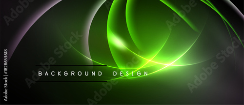 Dark background features vibrant green, flowing curves. Smooth gradients create luminous effect. Text reads background design. Modern abstract visual.