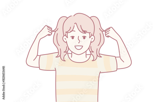 Young girl smiling, Confident girl with energetic spirit, Playful girl confidently preening her pigtails, Cheerful young girl exuding youthful confidence and lively energy