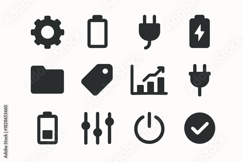 Icon checkmark gear power battery plug chart tag panel minimal vector symbol