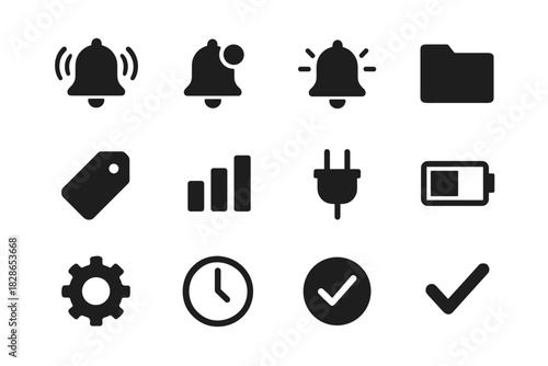 Notification bell symbol ringing grid alarm tag icon vector plug checkmark minimalist