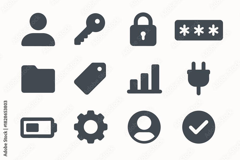 Fototapeta premium Login plug icon password vector user gear chart folder circle battery person