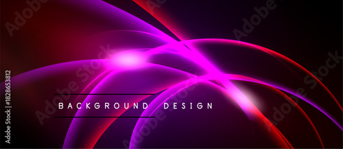 Abstract design features vibrant curves, glowing lines. Dark background enhances bright pink, red hues. Modern aesthetic.