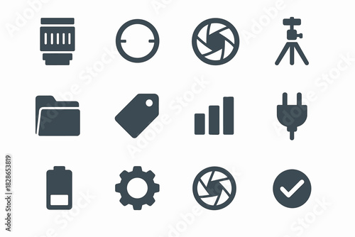 Battery vector tripod ring aperture collection gear checkmark shutter icon photography lens