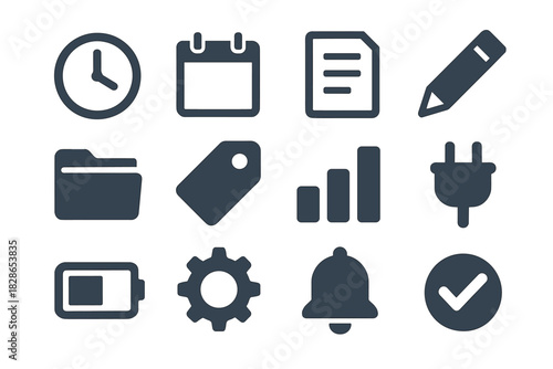 Pencil battery note minimalist gear icons planner plug icon vector checkmark tag
