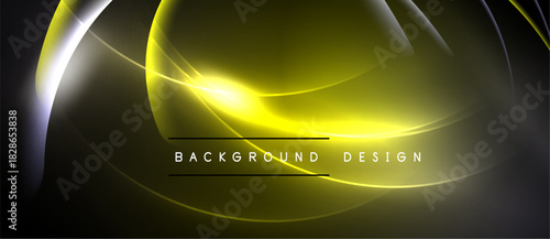 Abstract yellow curves, bright lines create dynamic background. Modern design with glowing effect, dark space contrasts light shapes.