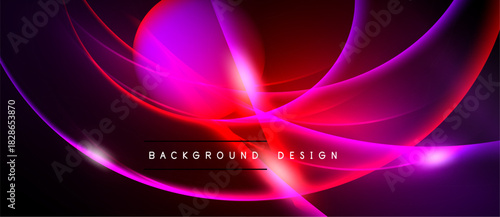Abstract vibrant lines create dynamic flow. Pink, purple, red hues dominate black background. Modern design element.