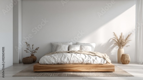 Modern minimalist bedroom with cozy bedding, natural wood elements, soft neutral tones, and warm sunlight streaming through large windows