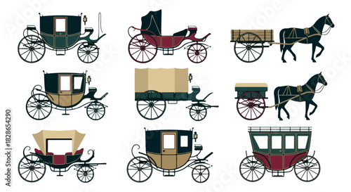 Antique carriages and horses collection with transparent background