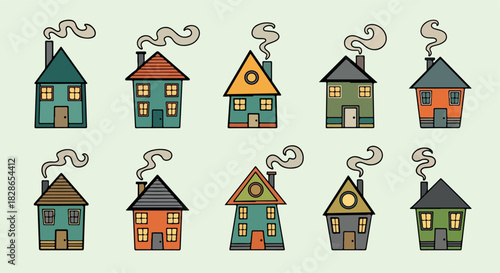 Colorful houses with smoke stacks, cozy home collection