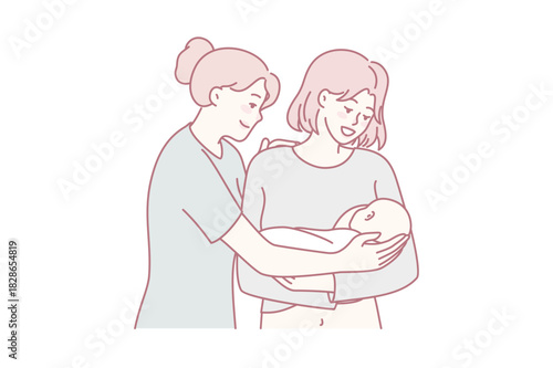 Happy nurse and young mother holding newborn baby on hands. Smiling mom meeting child infant have comfort from doctor. Motherhood concept. Flat vector illustration.