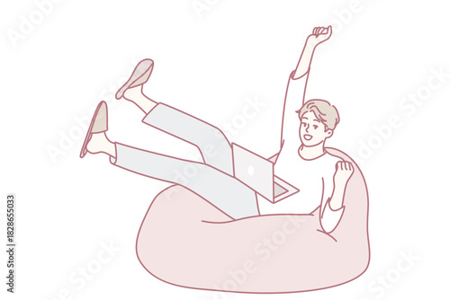 youth tumbling onto comfy seat, casual individual in loungewear experiences joyful accidental fall, playful moment captured with someone unexpectedly tumbling onto soft seating area