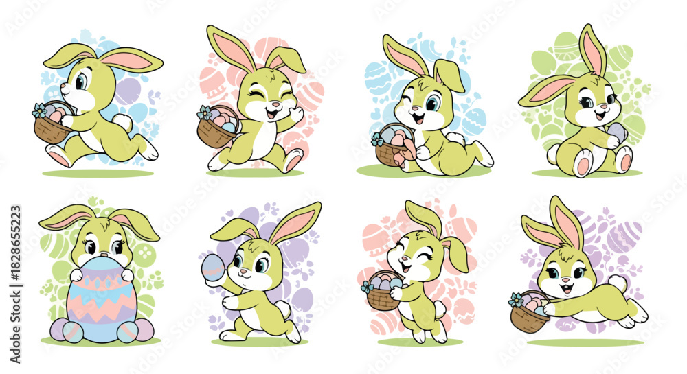 Fototapeta premium Easter bunny characters with baskets and eggs