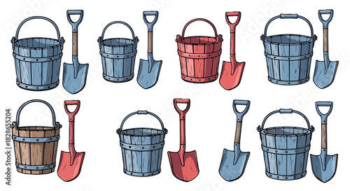 Buckets and shovels set for gardening and landscaping