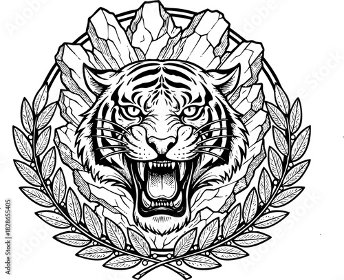 Roaring Tiger Head Emblem Illustration with Laurel Wreath