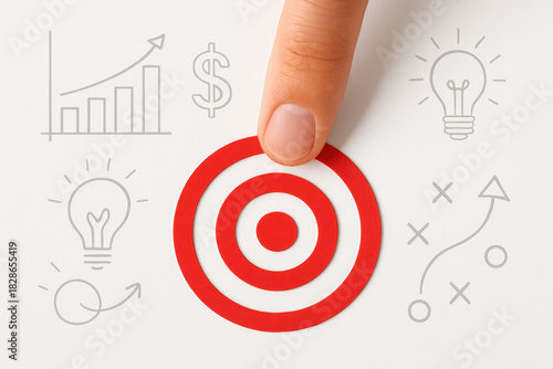 Finger pressing red target symbol on white background, surrounded by icons representing growth, finance, ideas, and strategy, conveying focus and determination in achieving goals