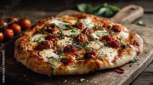 Wallpaper Mural Delicious pizza with roasted tomatoes, cheese, and herbs on a wooden board. Torontodigital.ca