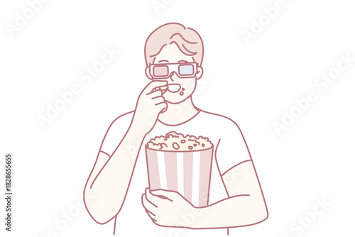 man holding popcorn and watching movie, wearing glasses and casual shirt while eating from large bucket, cozy couch setting suggested, focused smile and relaxed posture, illustration style