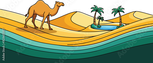 A cartoon camel walks across desert dunes near an oasis with palm trees.