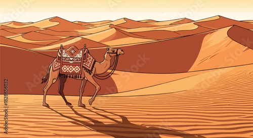 A lone camel traverses the expansive desert, carrying ornate saddle across the sand dunes.