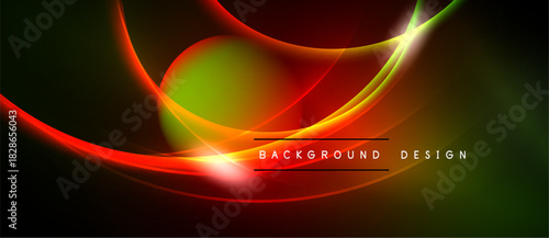 Abstract vibrant design features flowing lines, gradients. Red, green, yellow hues dominate dark background. Modern aesthetic.