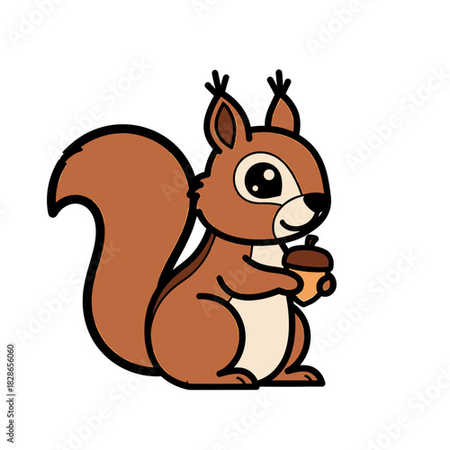 Cartoon squirrel holding an acorn, standing upright with a bushy tail.