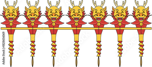 Chinese dragon decoration vector set, traditional festival ornaments, cultural hanging design for celebration and parade visuals
