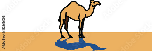 A stylized illustration of a camel standing on a sandy surface with a reflection.
