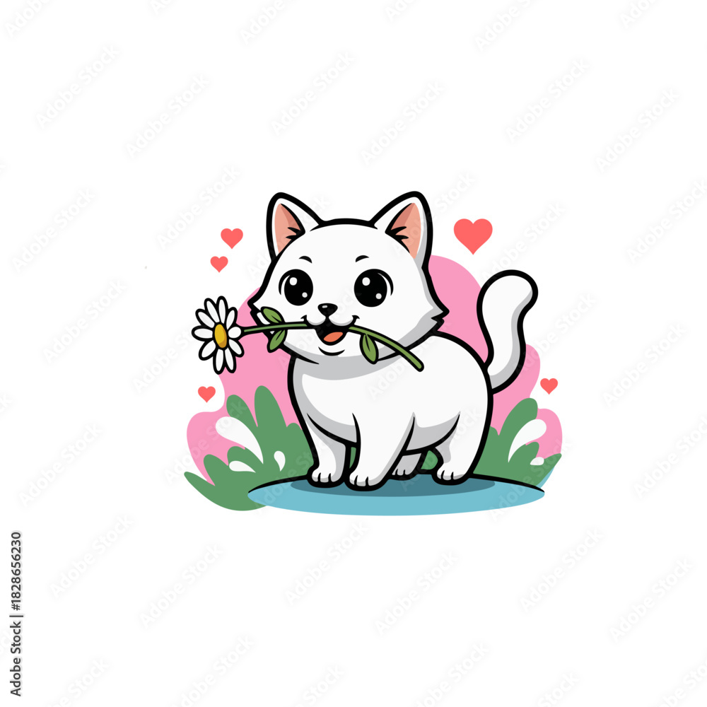Fototapeta premium Cute White Kitten Holding A Daisy Flower In Its Mouth