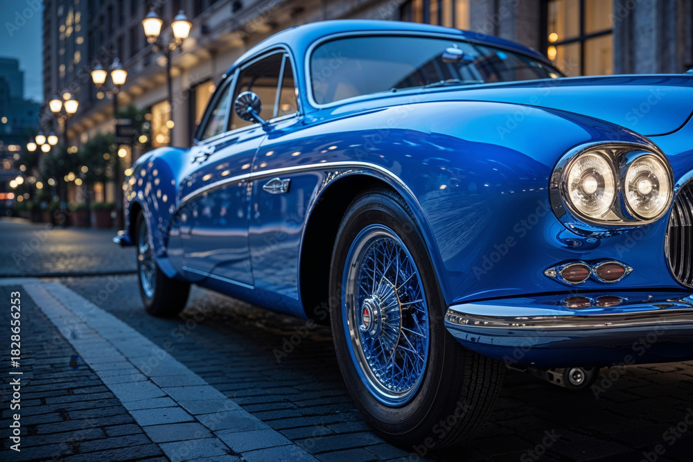 Fototapeta premium Classic blue car parked on a cobblestone street at dusk