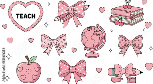 Cute pink school-themed vector set with bows, globe, apple, books, hearts and decorative classroom elements