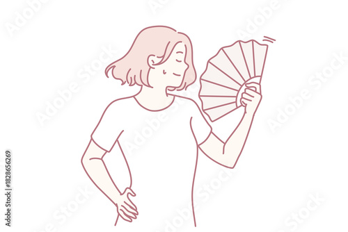 person cooling with folding fan, pose, studio sketch, soft linework, confident expression, summer heat, fashion vibe, subtle glamour, cultural accessory, graceful movement
